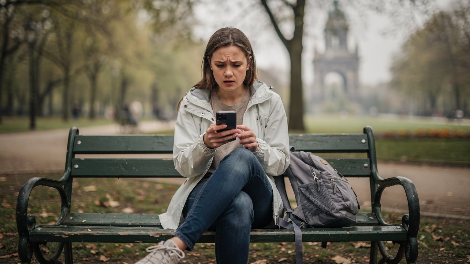 A frustrated traveler sitting on a park bench in Berlin, Germany, looking at their phone with a concerned expression, indicating a connectivity issue or trouble finding information.