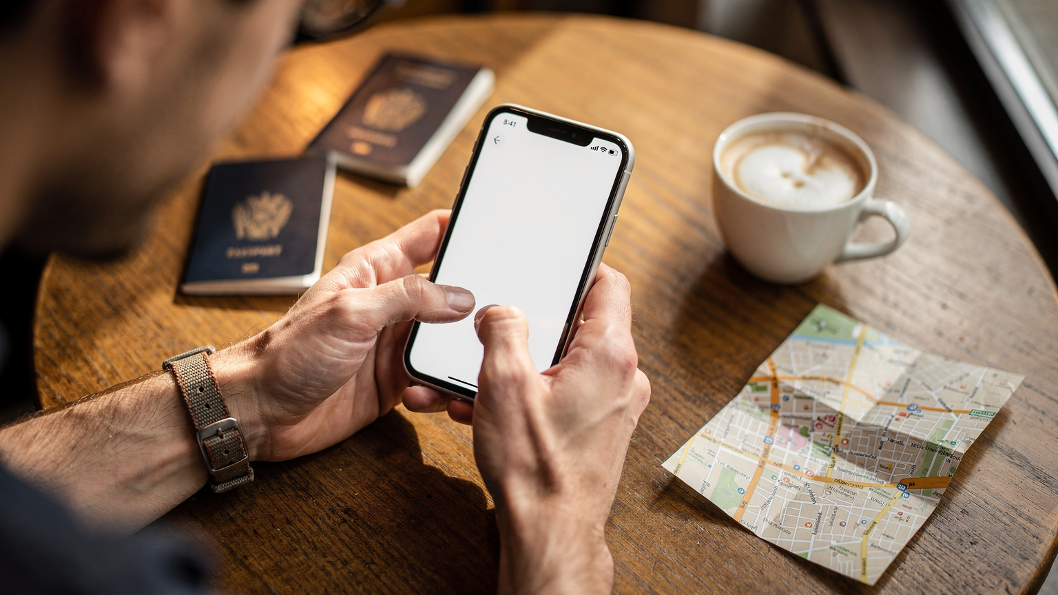 A close-up shot of human hands interacting with a Google Pixel phone, scrolling through settings to locate the eSIM number, with blurred travel documents in the background.