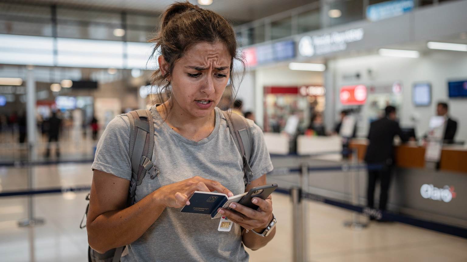 Uma mulher com passaporte e celular, tentando ativar um chip físico em um balcão de atendimento de operadora no aeroporto, com expressão de frustração.