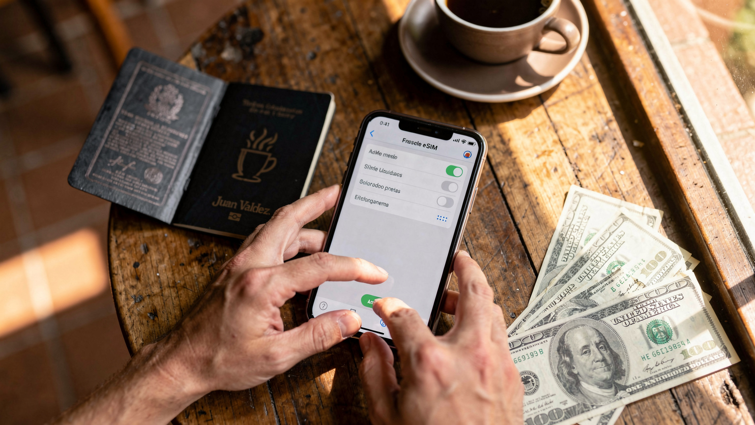 Mãos de um nômade digital configurando um eSIM em um smartphone, com um passaporte aberto e alguns dólares americanos sobre uma mesa de madeira em um café.