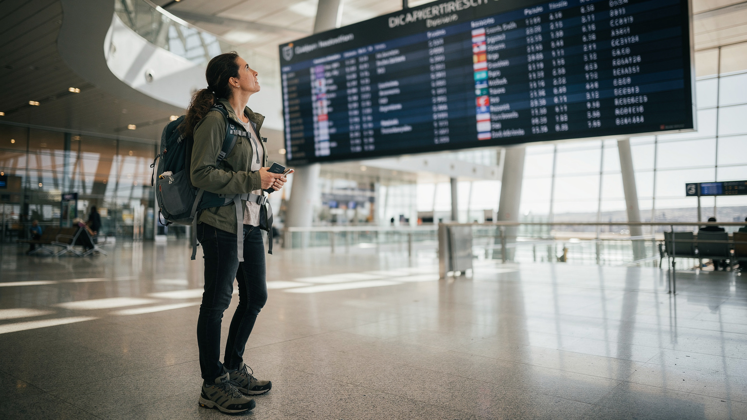 Uma mulher em um aeroporto moderno, com uma mochila, olhando para o painel de voos com uma expressão pensativa, indicando o planejamento de uma viagem complexa por vários países.