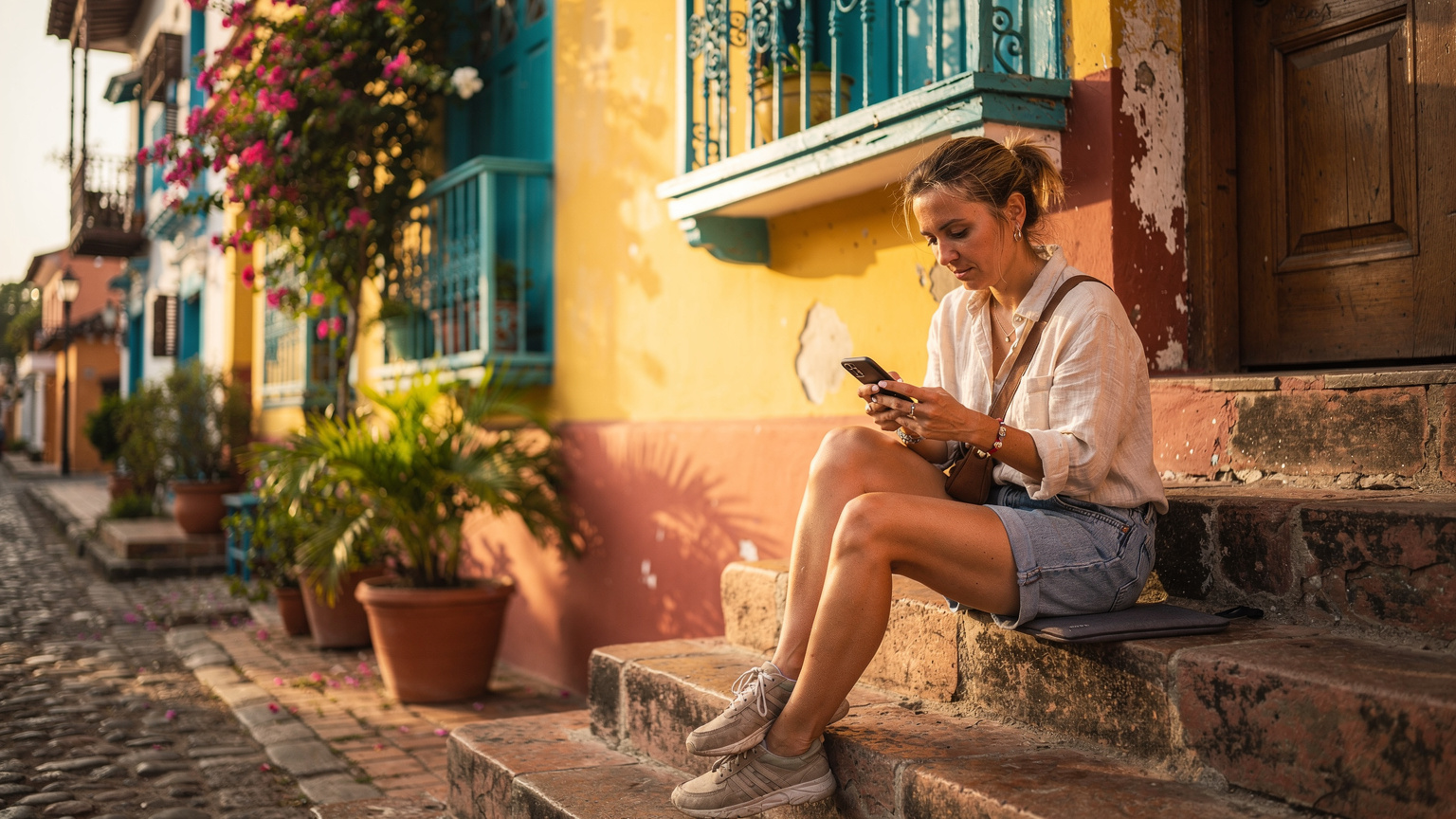 Uma mulher revisando seu plano de dados em um smartphone, sentada em uma escadaria de pedra em frente a uma arquitetura colonial vibrante em Cartagena, Colômbia.