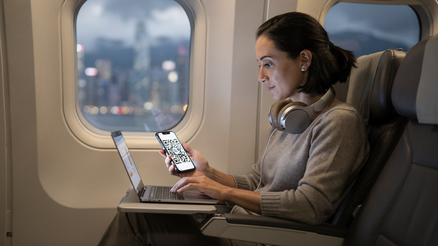 一名旅行者在飛機上，使用筆記本電腦和手機查看Cellesim eSIM的購買郵件，機艙窗外可見香港的雲層與城市輪廓。