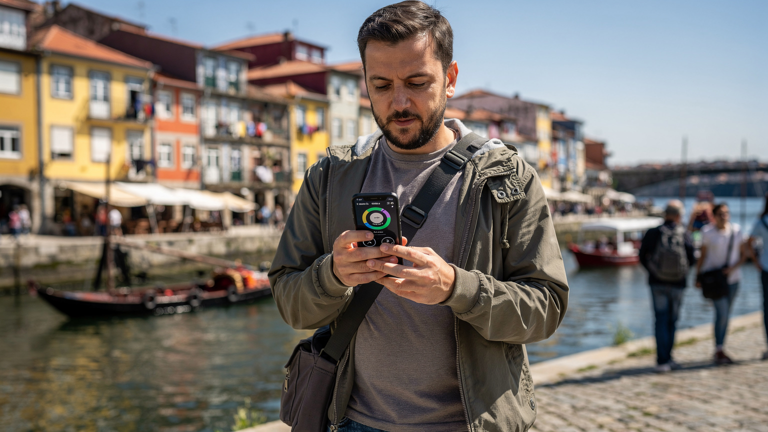 Um viajante testando a velocidade da internet em seu smartphone na Ribeira, Porto, com o rio Douro e as casas coloridas ao fundo.