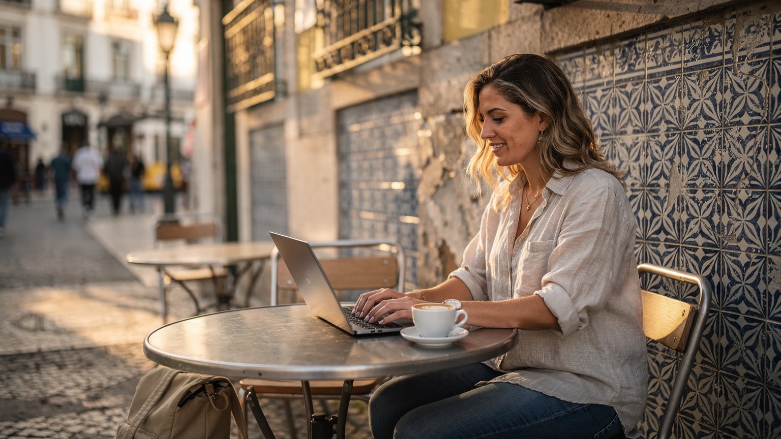 Um nômade digital trabalhando em seu laptop em um café ao ar livre no Chiado, Lisboa, com azulejos portugueses e uma xícara de café na mesa.