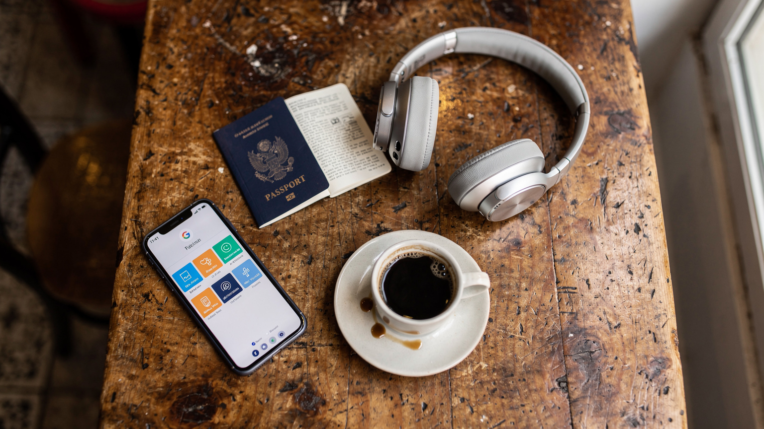 An overhead flat-lay of a travel setup on a wooden table: a passport, a smartphone showing the Cosmote app, noise-canceling headphones, and a small Greek coffee cup, suggesting readiness for travel and work.