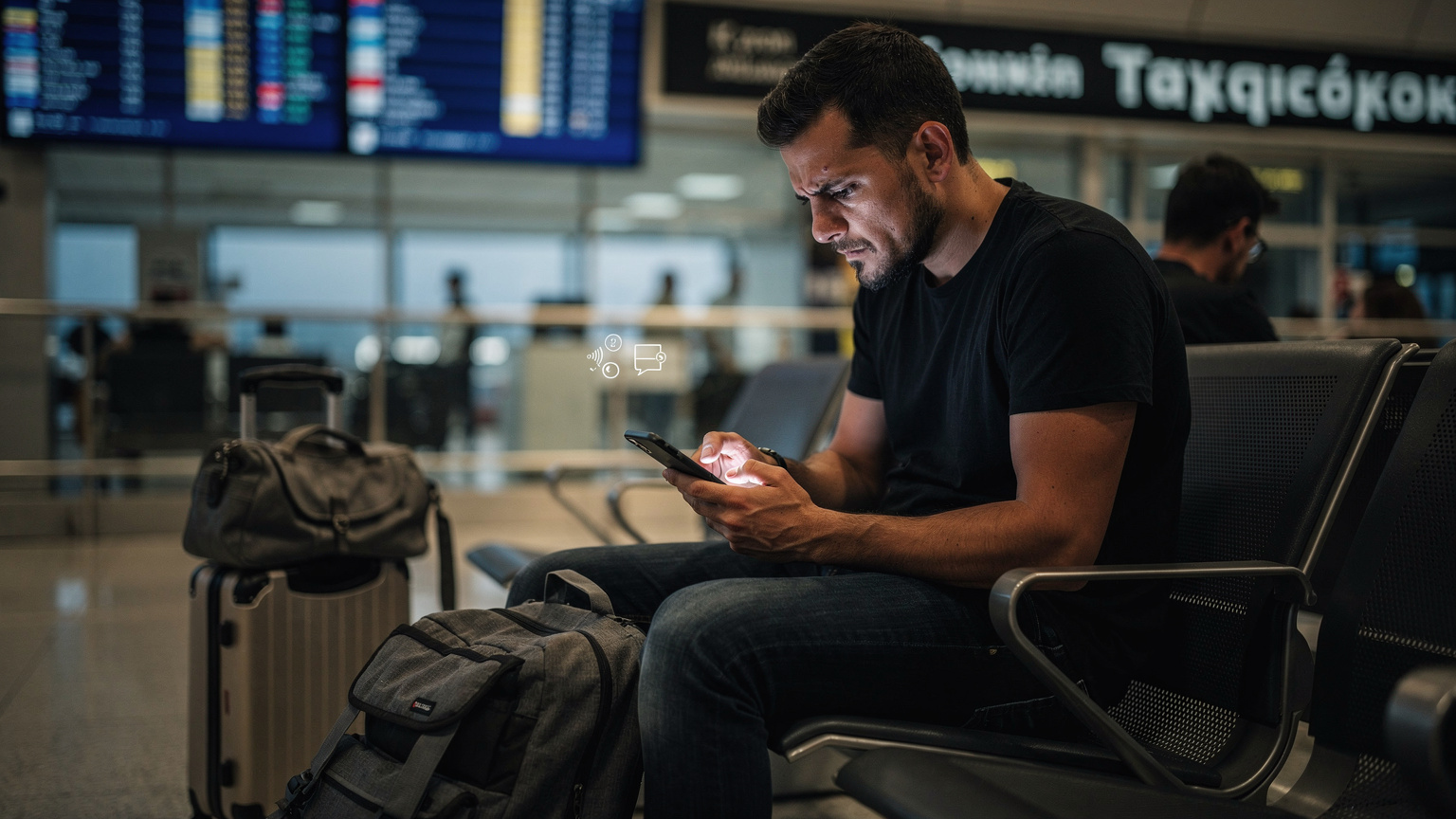 A digital nomad at Athens Airport looks frustrated at their smartphone, displaying a 'No Service' error, with luggage and a departure board blurred in the background.