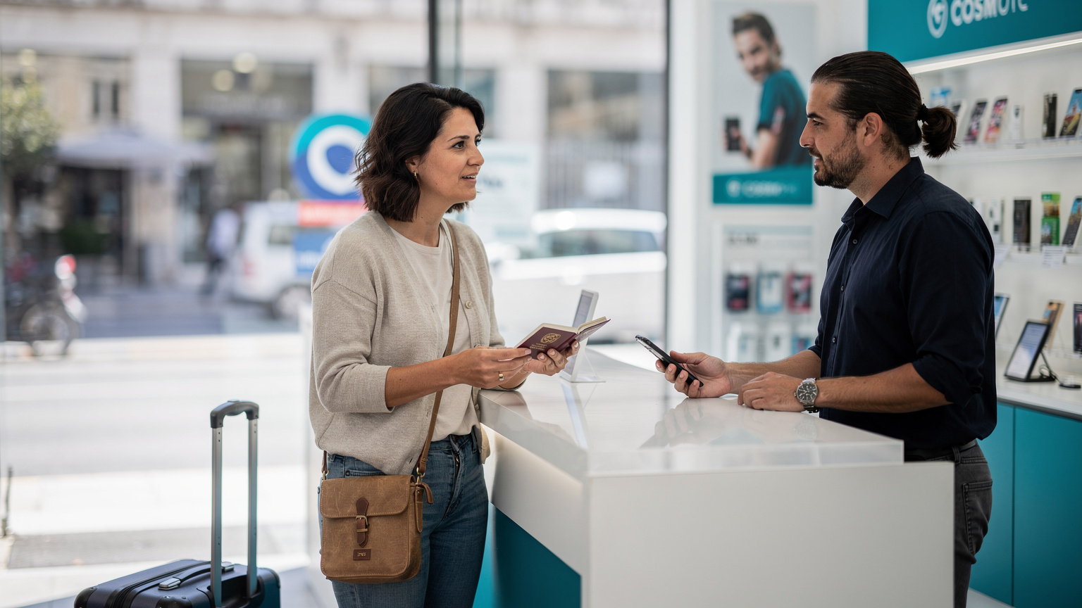 A traveler in Athens purchases an eSIM at a Cosmote store, showing a passport to the clerk for verification.
