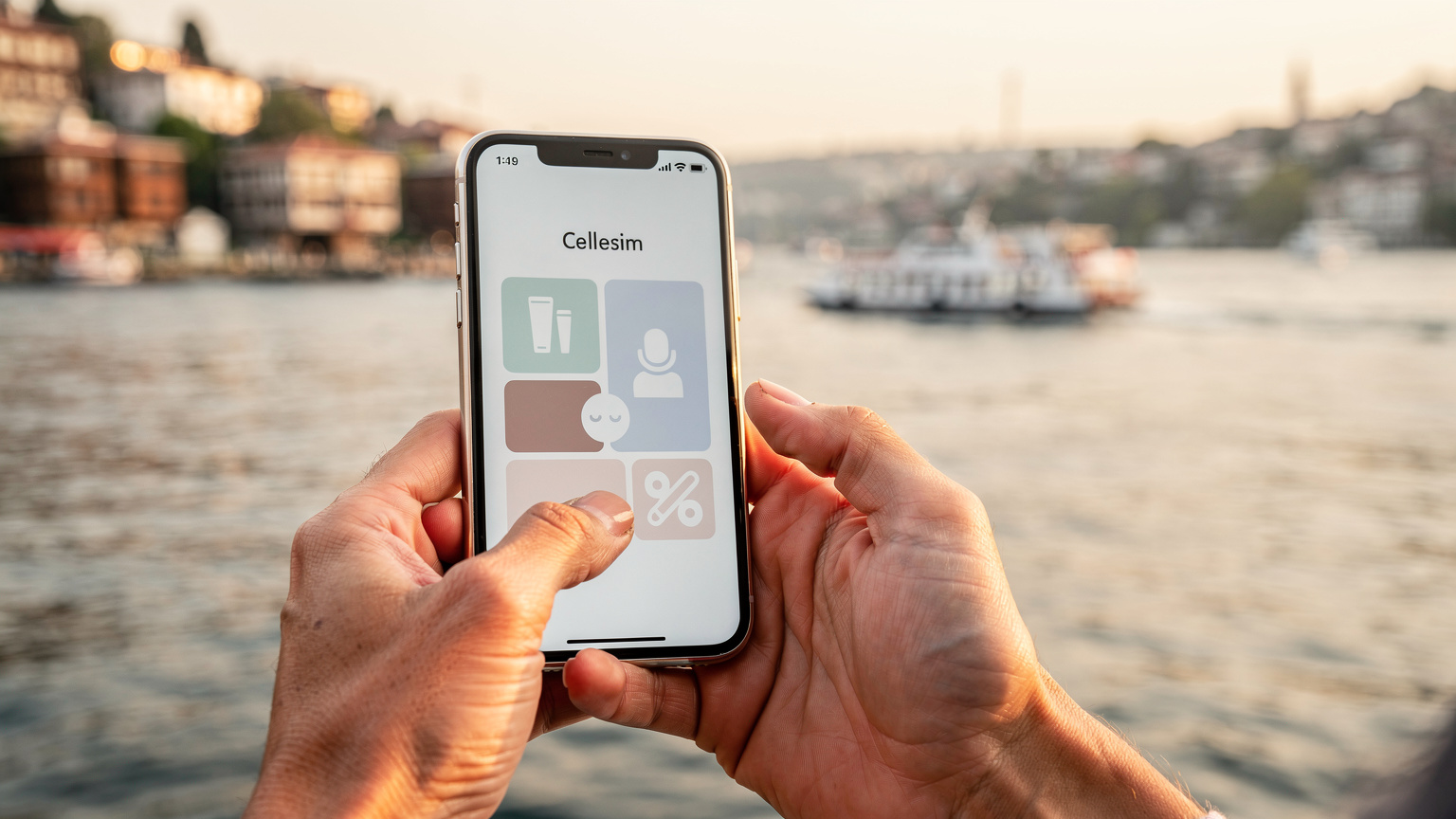 Bir annenin elinde akıllı telefon, ekranda Cellesim uygulamasının ana sayfası açık, arka planda İstanbul Boğazı ve tarihi yalılar görünüyor.