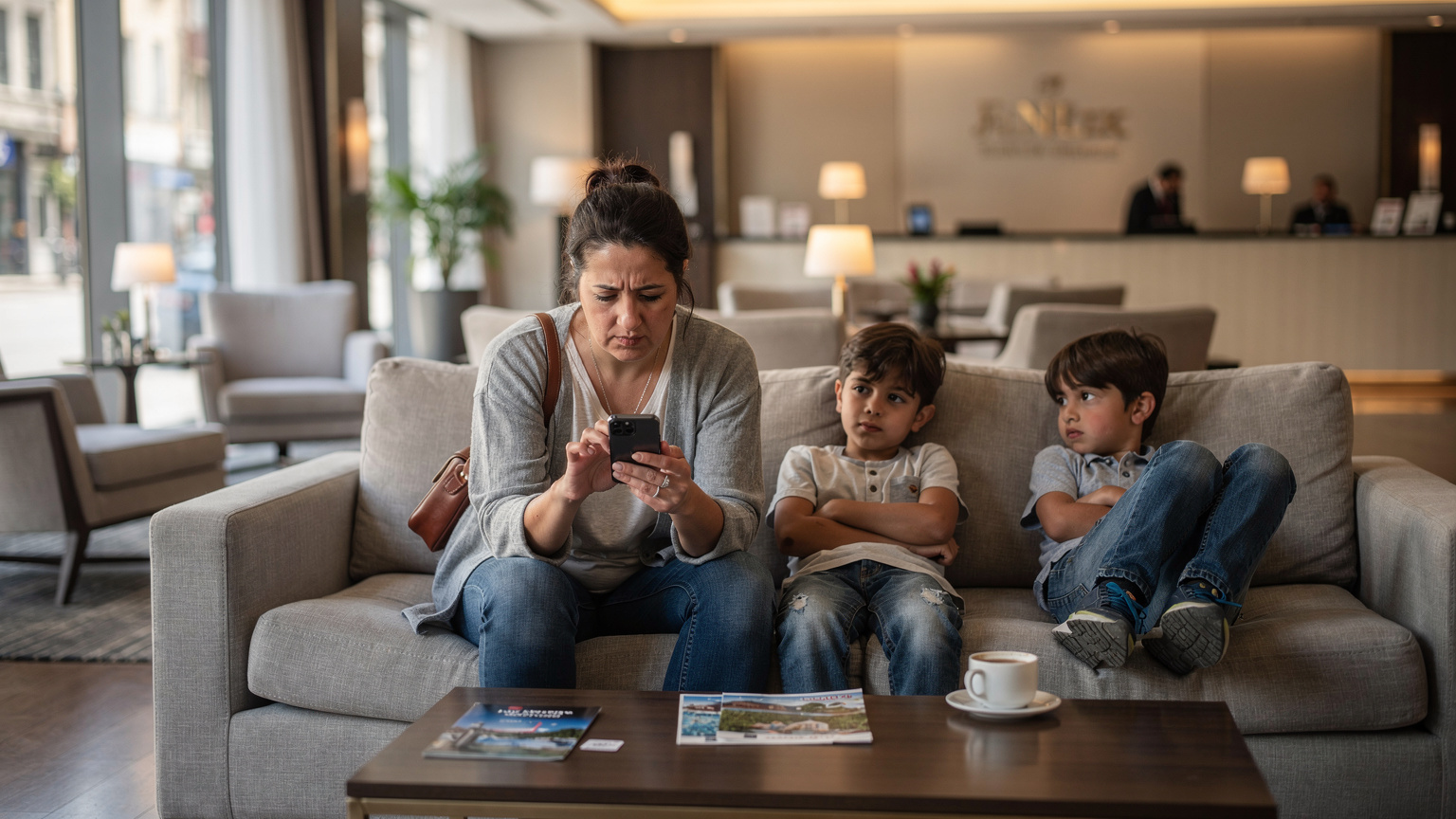 Bir otel lobisinde, çocuklar koltukta sıkılmış bir şekilde beklerken, anneleri elindeki telefonda Jetpac eSIM'i aktive etmeye çalışıyor.