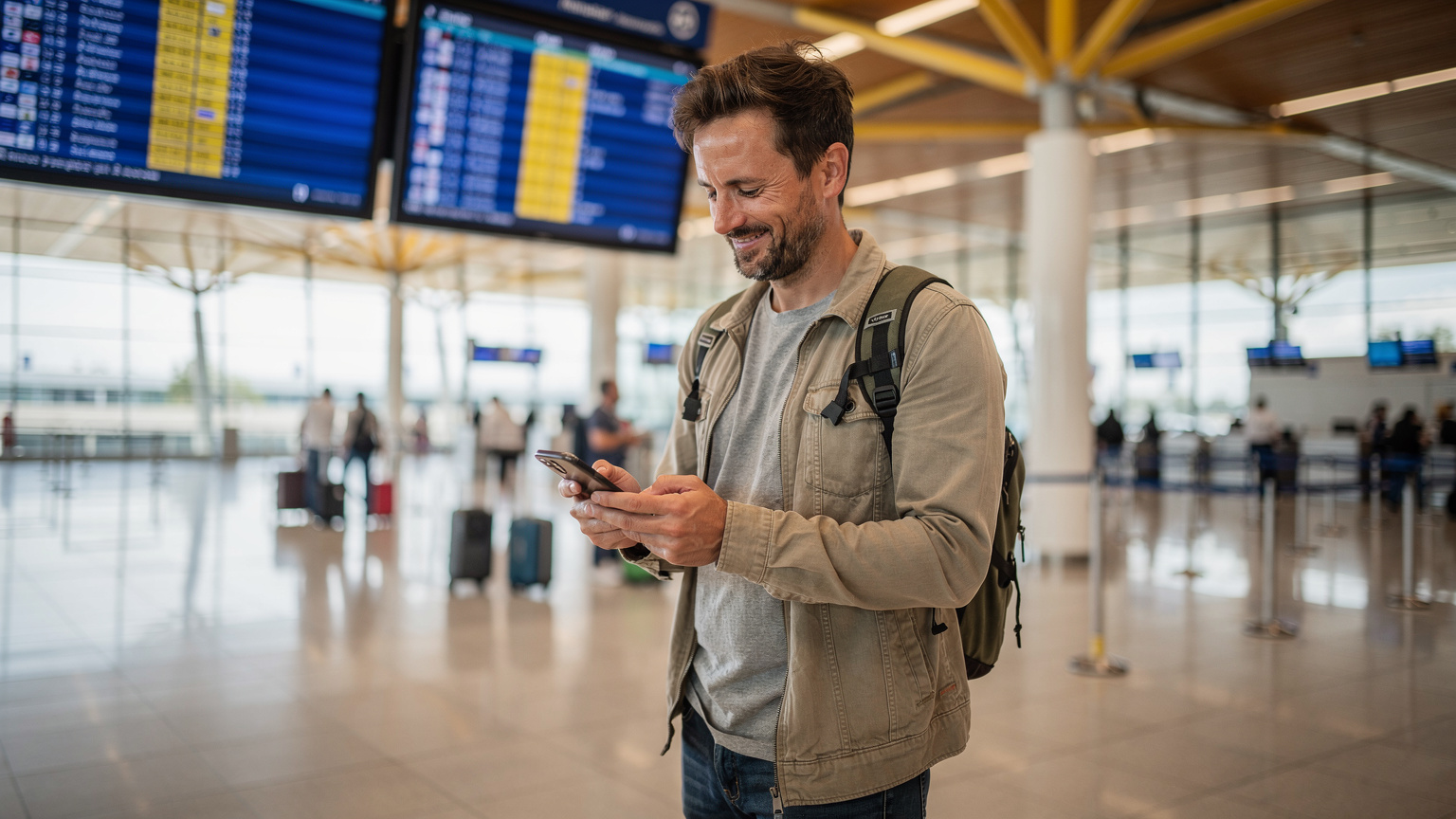 En reisende sjekker sin smarttelefon for å bekrefte eSIM-aktivering ved ankomst til en travel flyplass, i bakgrunnen ser man informasjonsskjermer og folk i bevegelse.