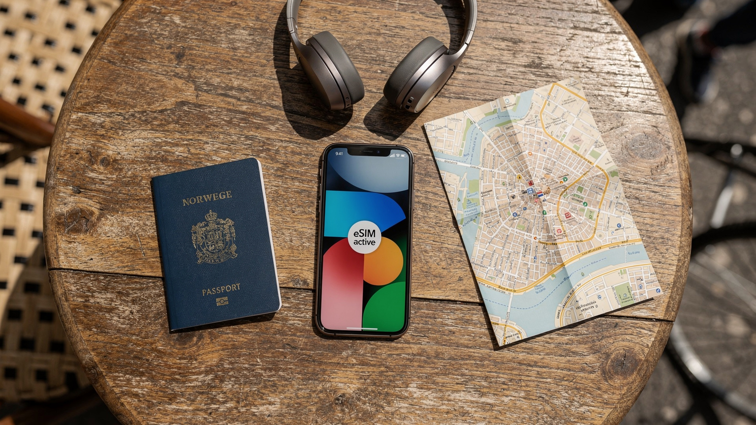 Et oversiktbilde av en reisesituasjon med pass, smarttelefon med et fargerikt eSIM-kort på skjermen, hodetelefoner, og en liten, pent brettet landskart på et kafébord i en europeisk by.