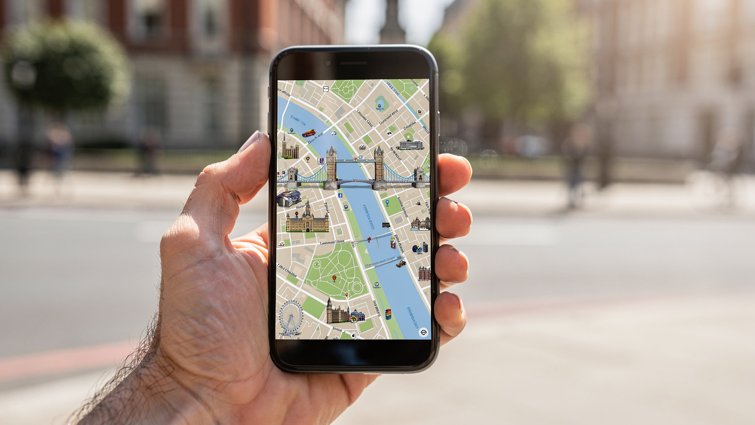 Una mano che tiene uno smartphone mostra una mappa digitale di Londra, con il Tamigi, i ponti e i principali punti di interesse come il London Eye e il Big Ben chiaramente visibili. La mappa è navigata attivamente, suggerendo un uso pratico della connettività per l'esplorazione urbana.
