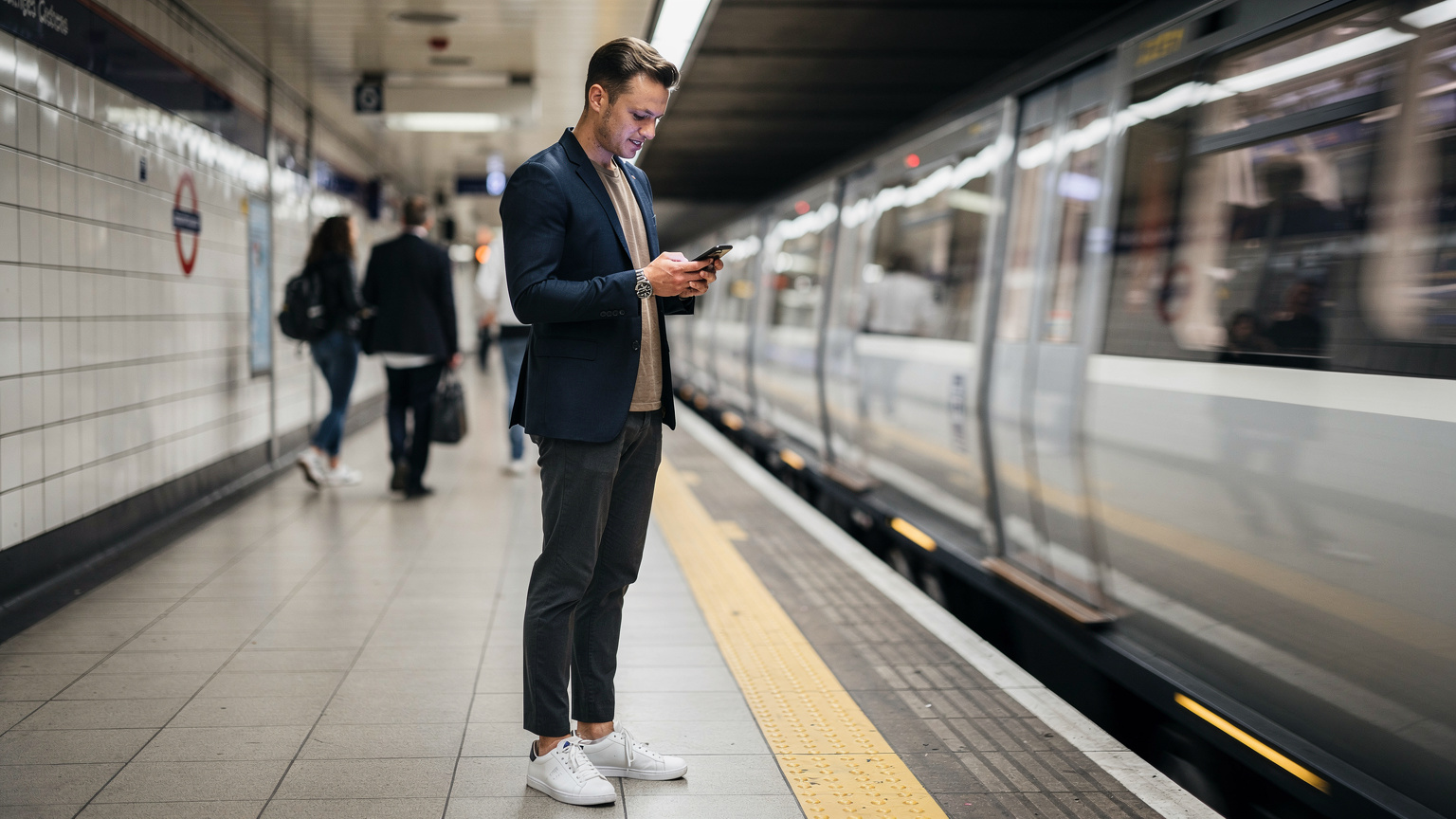 Un passeggero della metropolitana di Londra, in piedi su una banchina moderna e ben illuminata, usa il suo smartphone mentre aspetta il treno che arriva. Altri viaggiatori sono indistinti sullo sfondo, mostrando la vita quotidiana nella Tube.