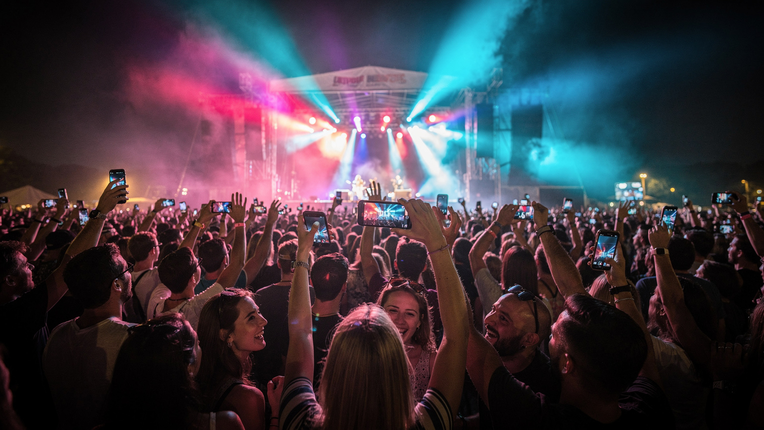 Uma multidão de pessoas em um festival de música ao ar livre, com os celulares erguidos para capturar o palco, enquanto as luzes coloridas iluminam o céu noturno. A energia do público é palpável.