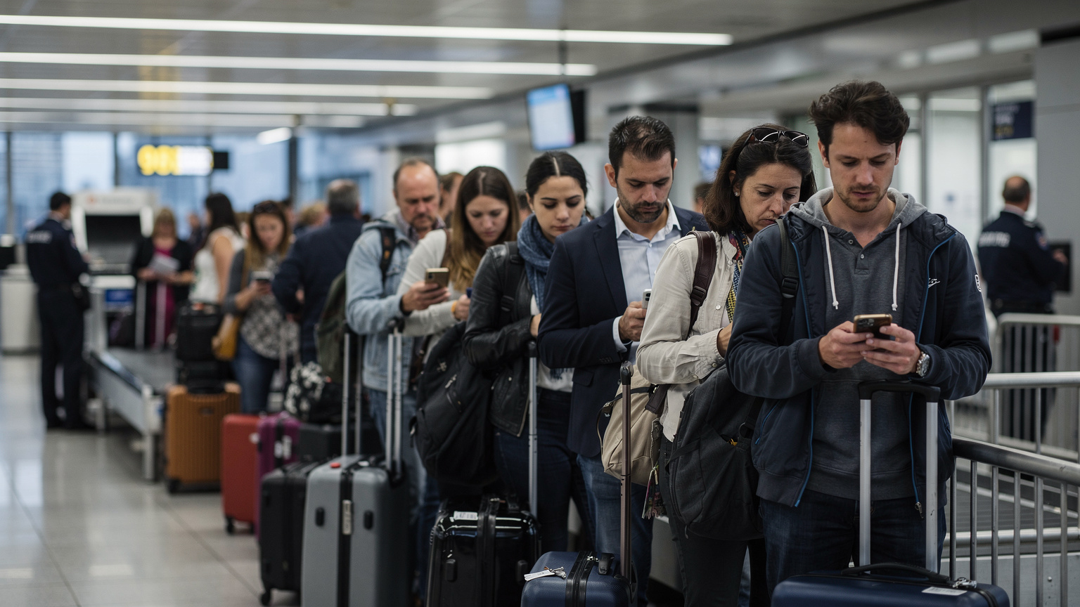 Uma fila de pessoas com malas de viagem e telefones nas mãos, esperando para passar pela segurança em um aeroporto movimentado na Europa, com um semblante de frustração por falta de sinal ou conectividade.