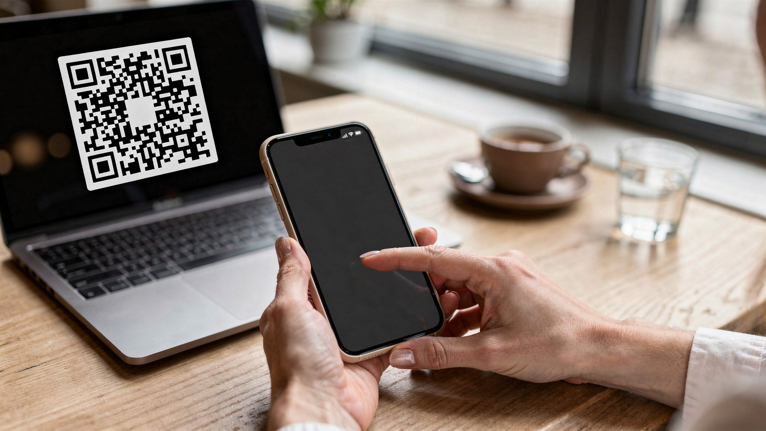 Mãos de uma mulher segurando um smartphone, com o dedo indicador apontando para um QR code na tela do laptop, simulando o processo de digitalização para ativar um eSIM. O ambiente é um café moderno em Berlim.
