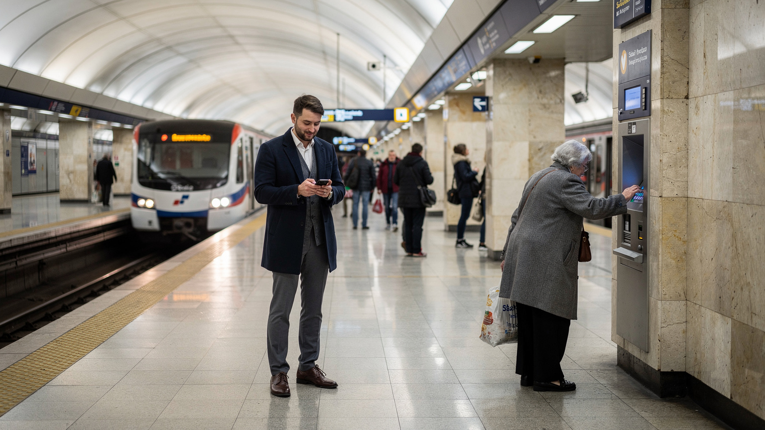 Sofya'daki bir metro istasyonunda, yolcuların bilet makinelerinden bilet aldığı veya telefonlarını kullandığı bir sahne. Arka planda metro treni perona yanaşıyor.