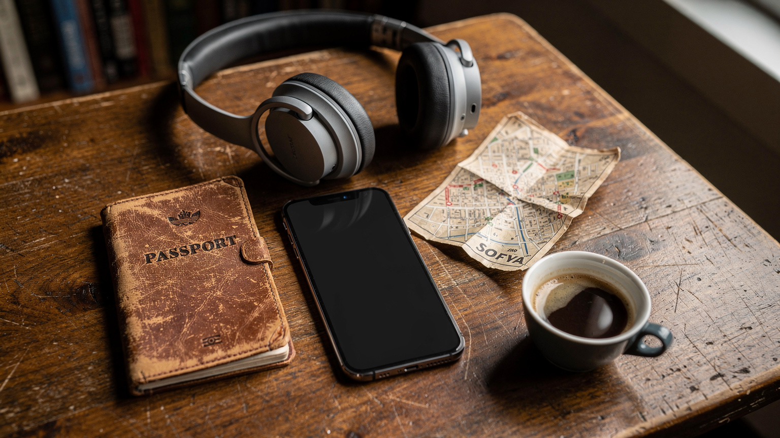 Sofya'nın yerel bir kafesinde, bir seyahat blog yazarının pasaportu, akıllı telefonu ve kulaklığıyla birlikte bir masada çekilmiş üstten fotoğrafı. Masada bir fincan Bulgar kahvesi duruyor.