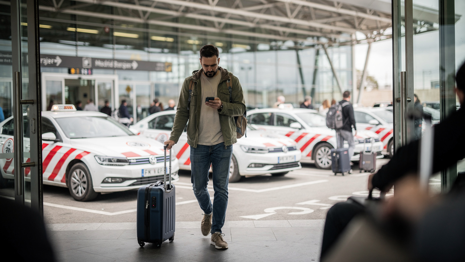 Un viajero consulta su teléfono buscando indicaciones mientras sale del Aeropuerto de Barajas en Madrid, con los taxis amarillos y blancos de fondo.