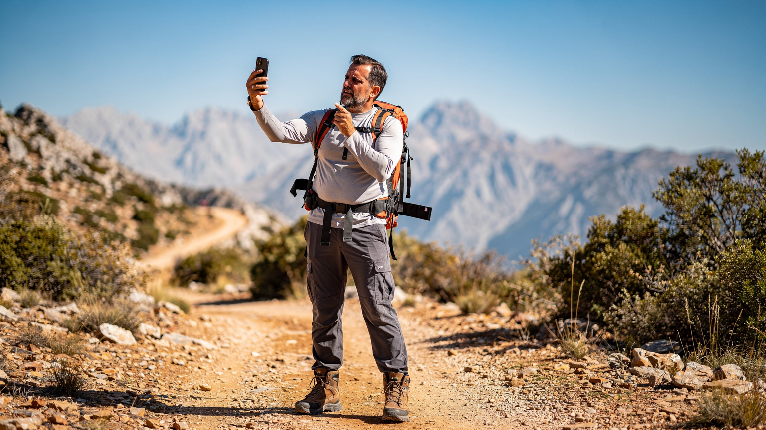 Un hombre revisa la señal de su teléfono con cierta frustración mientras está en una zona montañosa cerca de Granada, señalando un posible punto ciego de cobertura.