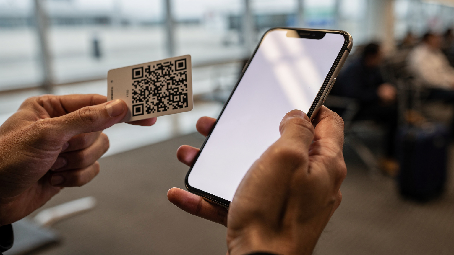 Manos de un viajero sosteniendo un teléfono móvil con la pantalla de ajustes de eSIM abierta, a punto de escanear un código QR desde otro dispositivo, en un entorno de aeropuerto.