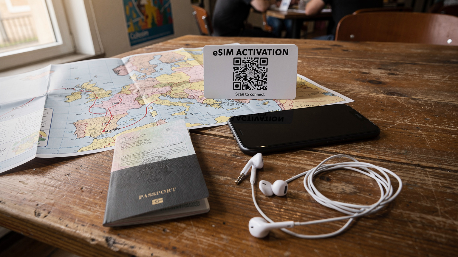 An overhead flat-lay shot on a hostel common room table, showing a passport, smartphone, Cellesim eSIM QR card, and a map of Europe, all neatly arranged for a travel planning session.
