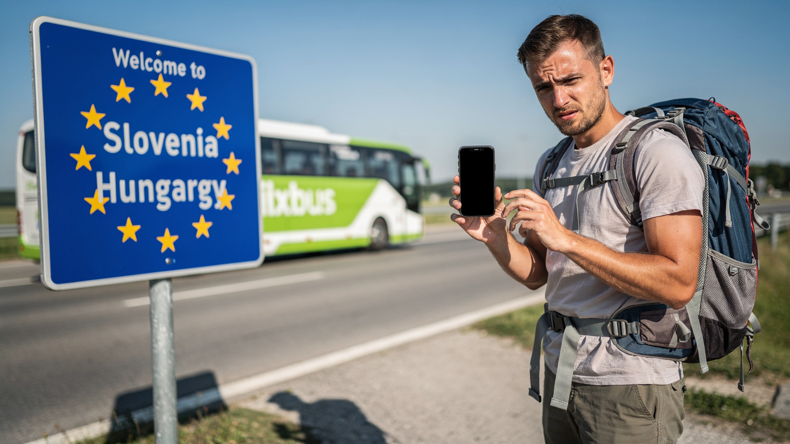 A traveler looking perplexed at their phone screen while standing near a border crossing sign between two European countries, with a bus in the background.