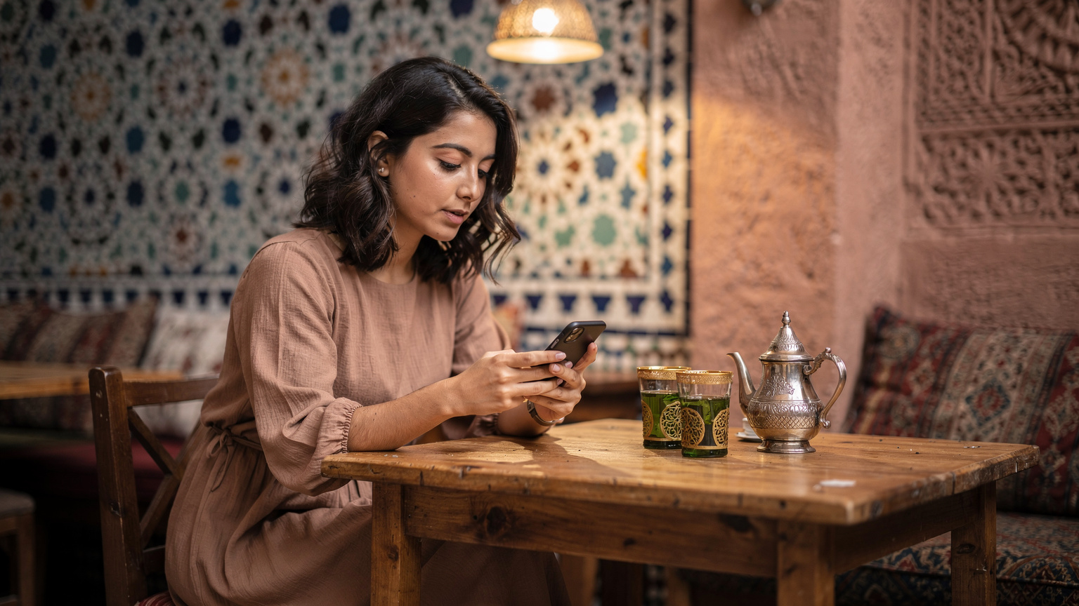 A traveler diligently checking phone settings at a small, rustic cafe in Marrakech, Morocco, with traditional Moroccan tea glasses visible on the table.
