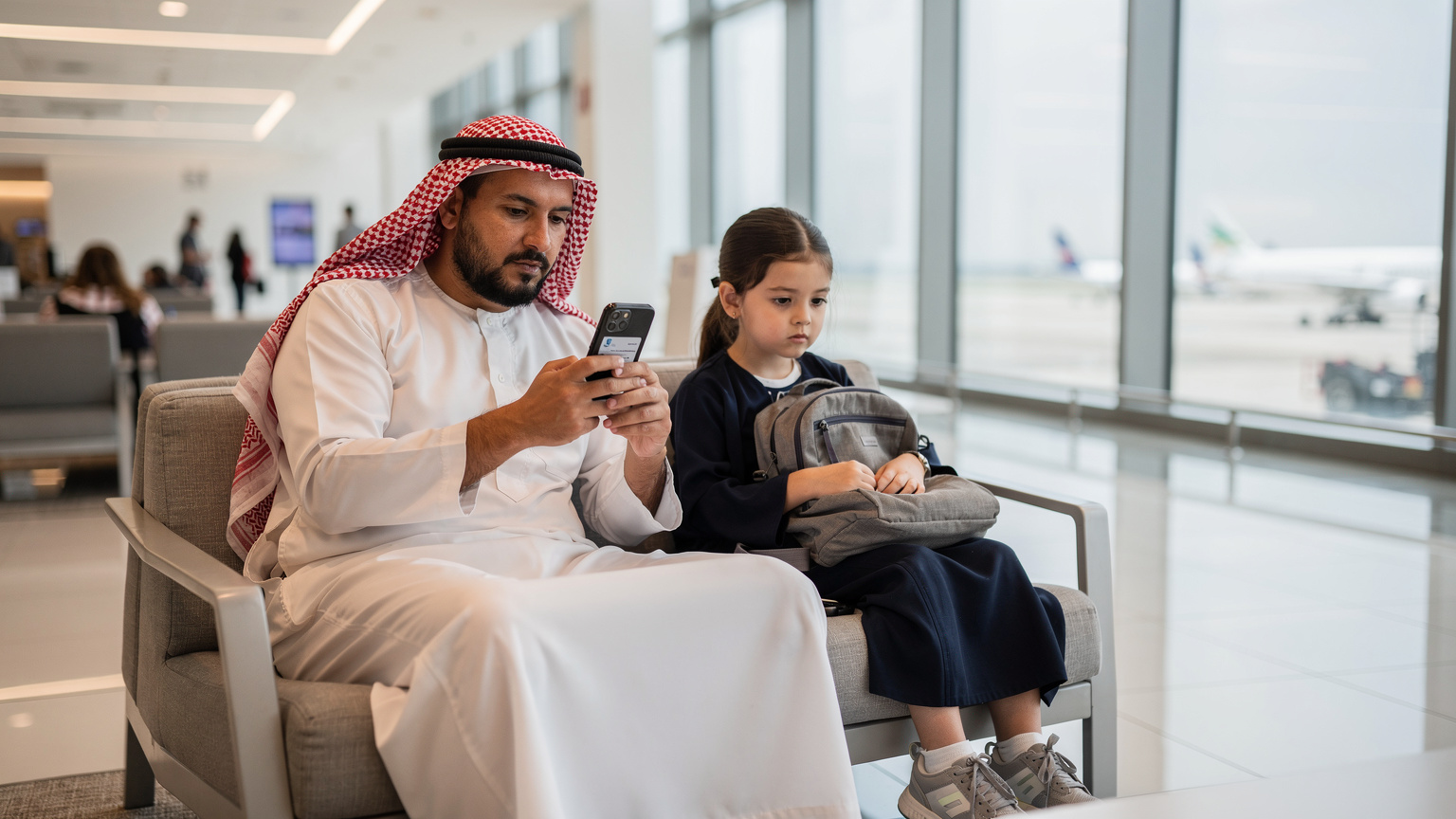 أب يبحث في هاتفه عن باقات eSIM الدولية، بينما تجلس ابنته بجانبه على مقعد في مطار دبي، مستعدة لرحلة عائلية.