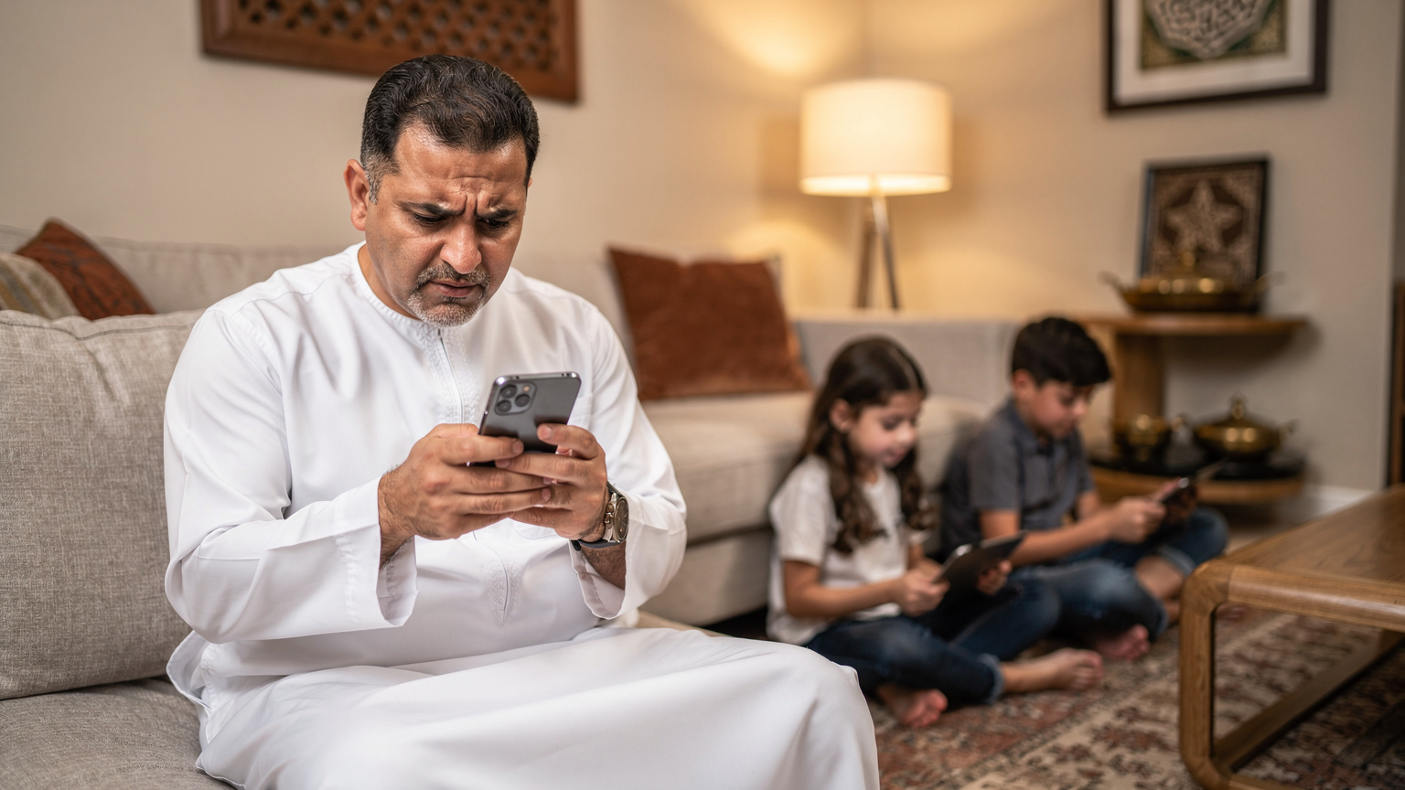 أب يراقب استهلاك البيانات على هاتف ذكي، بينما يظهر أطفاله في الخلفية مشغولين بأجهزتهم اللوحية، في أجواء منزلية دافئة.