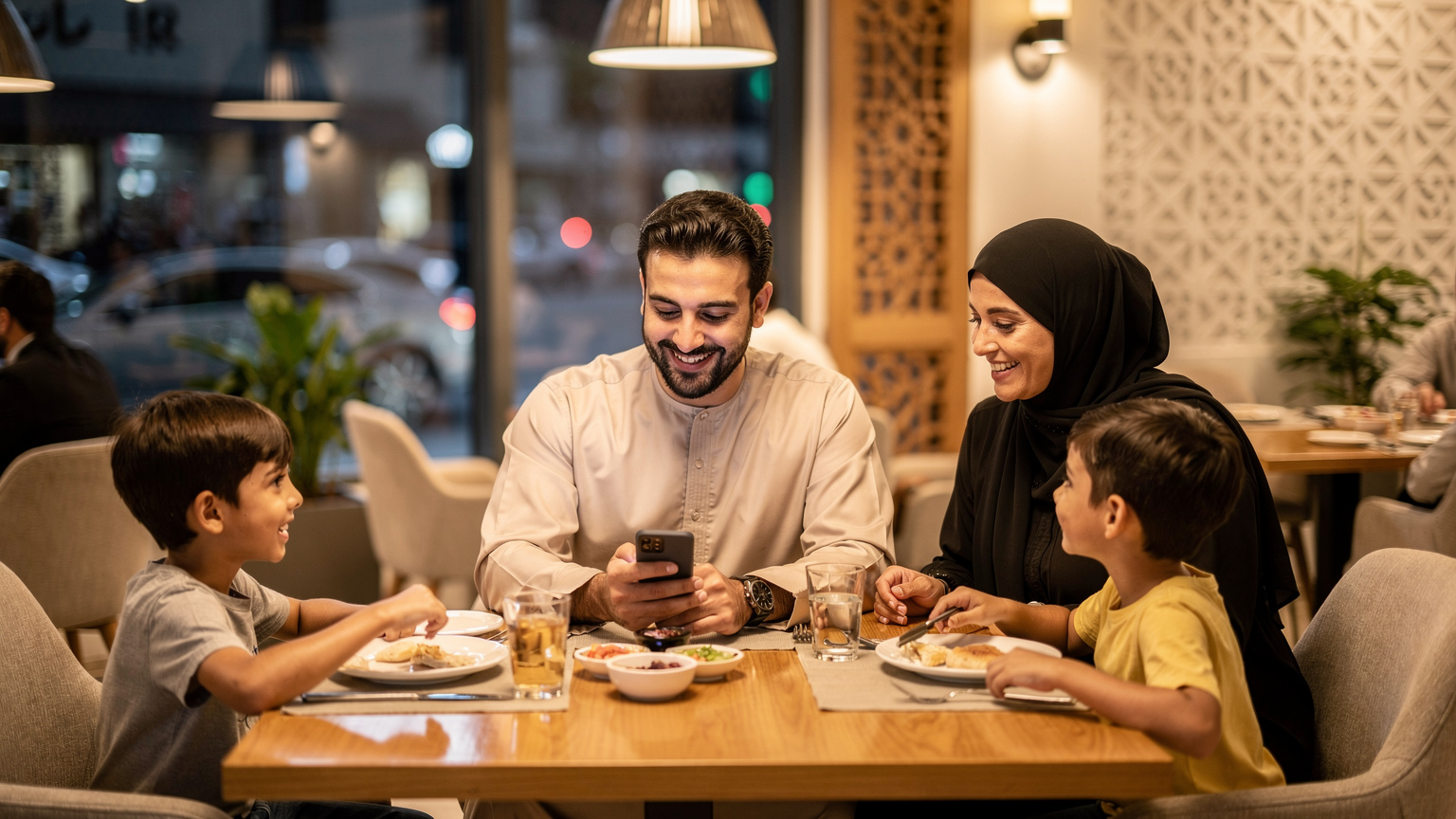 أب خليجي وعائلته يستمتعون بوجبة في مطعم بالرياض، ووالدهم يتصفح هاتفه وهو يبتسم، مرتاحًا من التخطيط الجيد للاتصال.