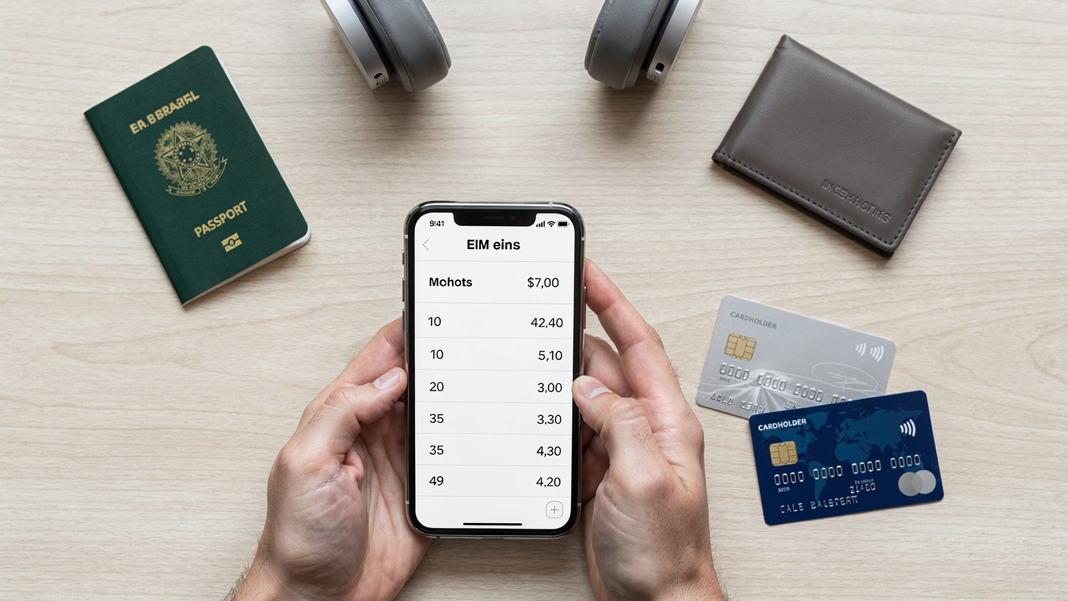 Mãos de uma pessoa comparando os preços de planos eSIM em seu smartphone, com um passaporte e cartões de crédito dispostos sobre uma mesa de madeira clara.