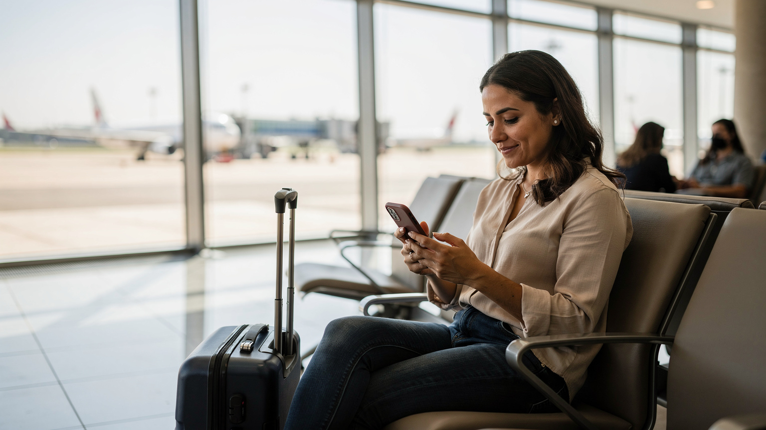Uma viajante brasileira ativando seu eSIM em seu smartphone, sentada confortavelmente na sala de embarque do Aeroporto de Guarulhos, São Paulo, antes de seu voo internacional.