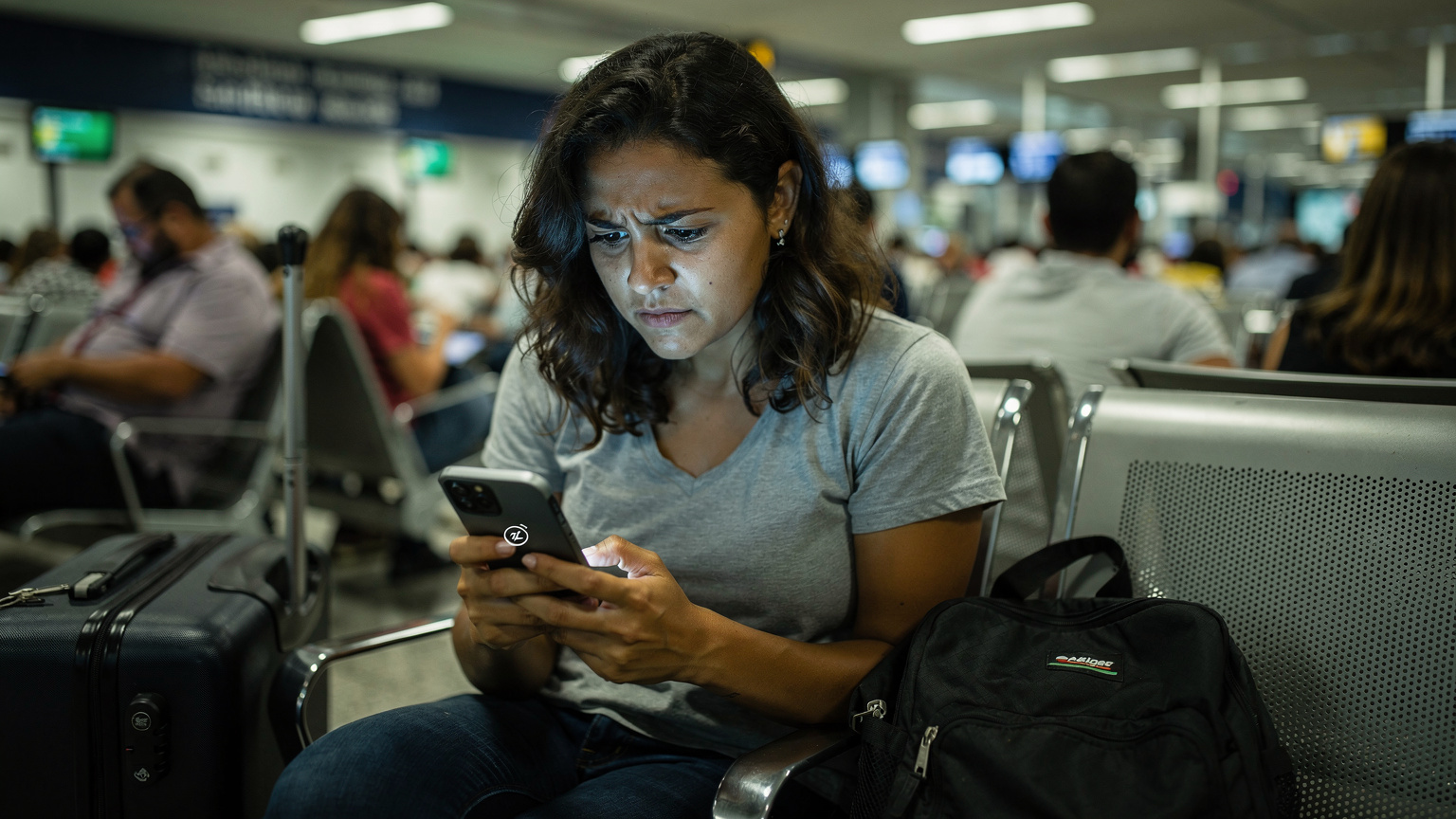 Uma mulher brasileira frustrada, olhando para a tela de seu smartphone com pouca bateria e sem sinal, sentada em um banco de aeroporto lotado, com malas e outros passageiros ao redor.