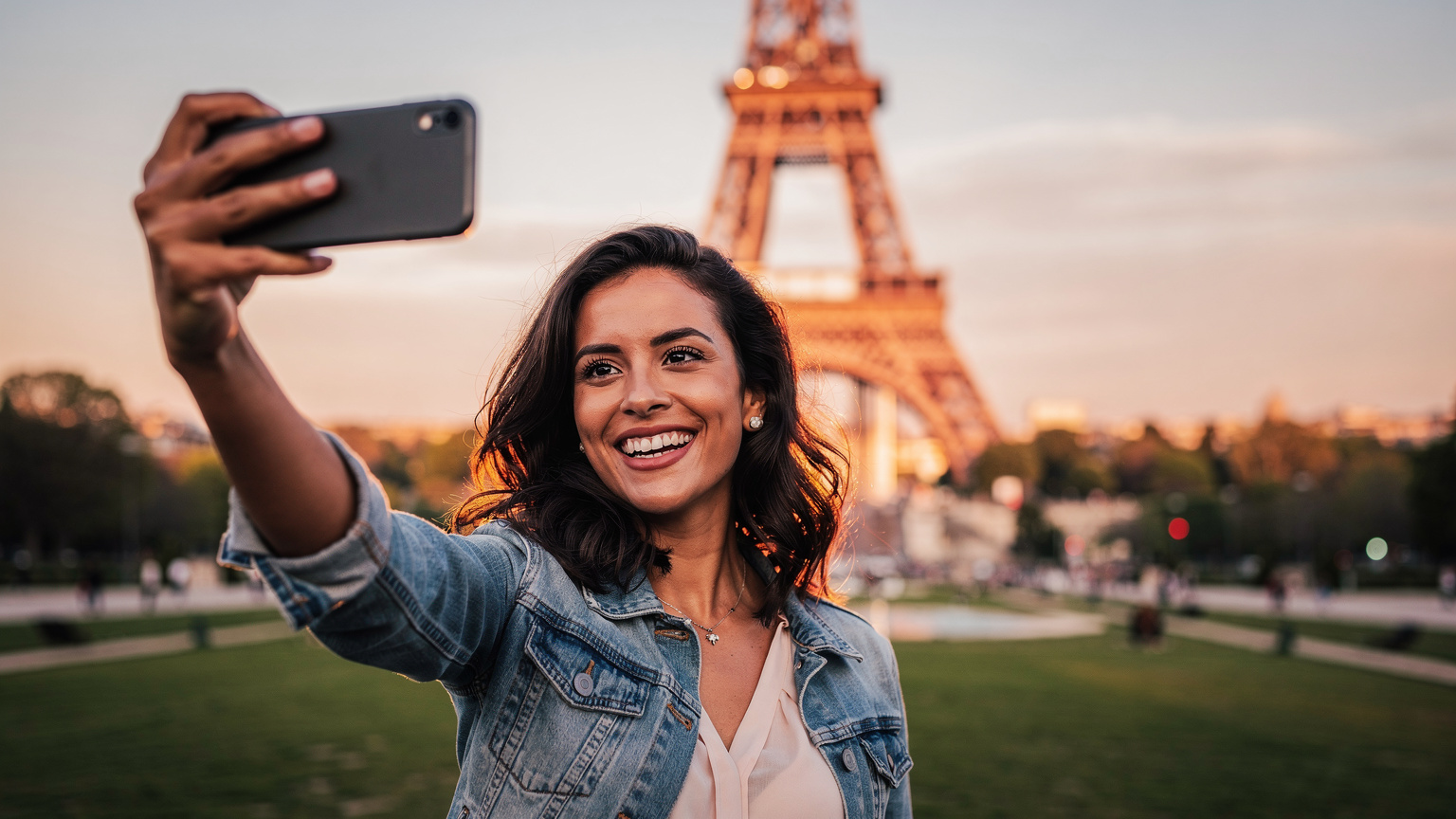 Uma mulher brasileira alegre e conectada usando seu smartphone para tirar uma selfie em frente à Torre Eiffel em Paris, com o pôr do sol dourado iluminando o monumento.