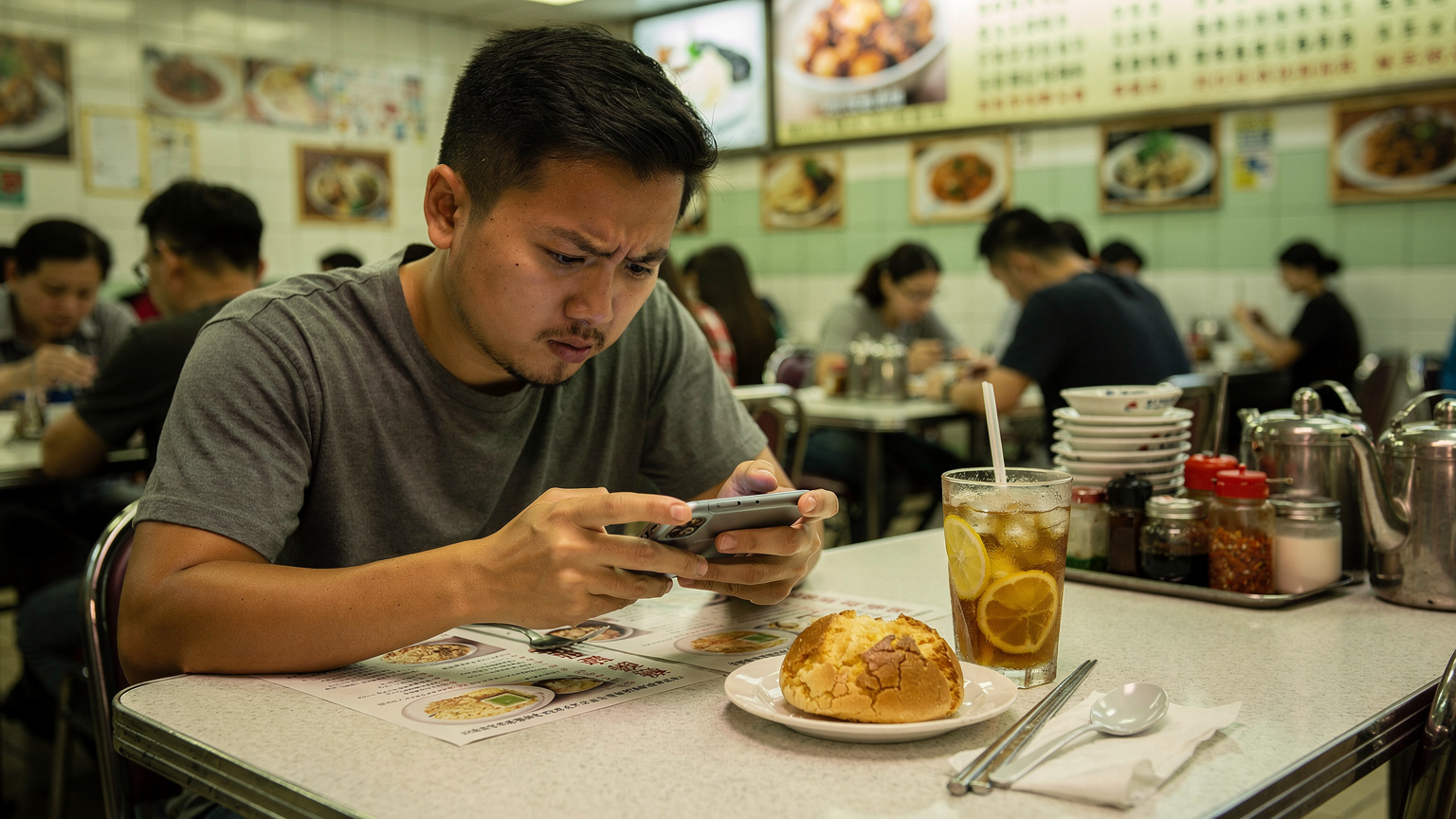 一名身著休閒服的男士在香港一家茶餐廳裡, 手機屏幕顯示電信商訊號不佳, 他皺著眉頭查看, 桌上放著一杯凍檸茶。