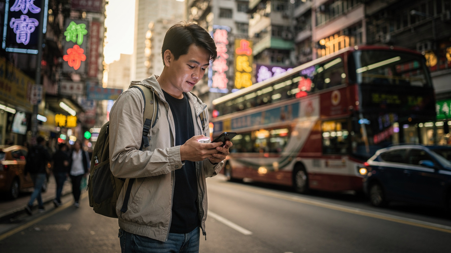 一名旅客在香港繁忙的街頭, 手持香港版 iPhone 正在查看地圖或交通資訊, 背景是典型的香港街景和霓虹招牌。