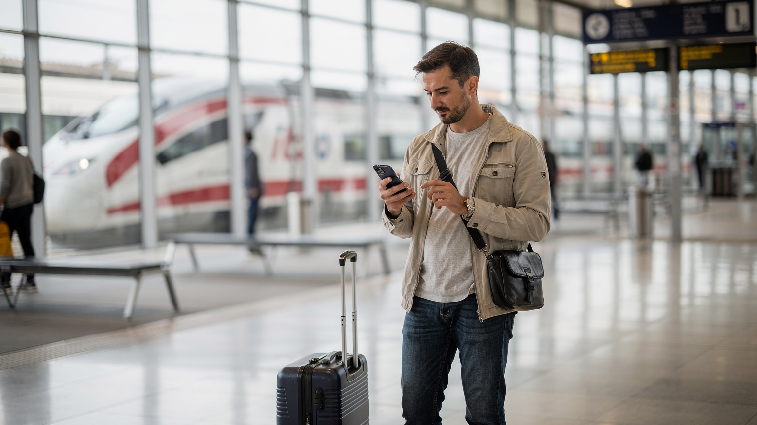 Un voyageur consulte les offres eSIM sur son téléphone, assis à l'intérieur d'une gare moderne à Florence, Italie, avant de monter dans un train à grande vitesse Italo. La lumière naturelle filtre par les grandes fenêtres de la gare.