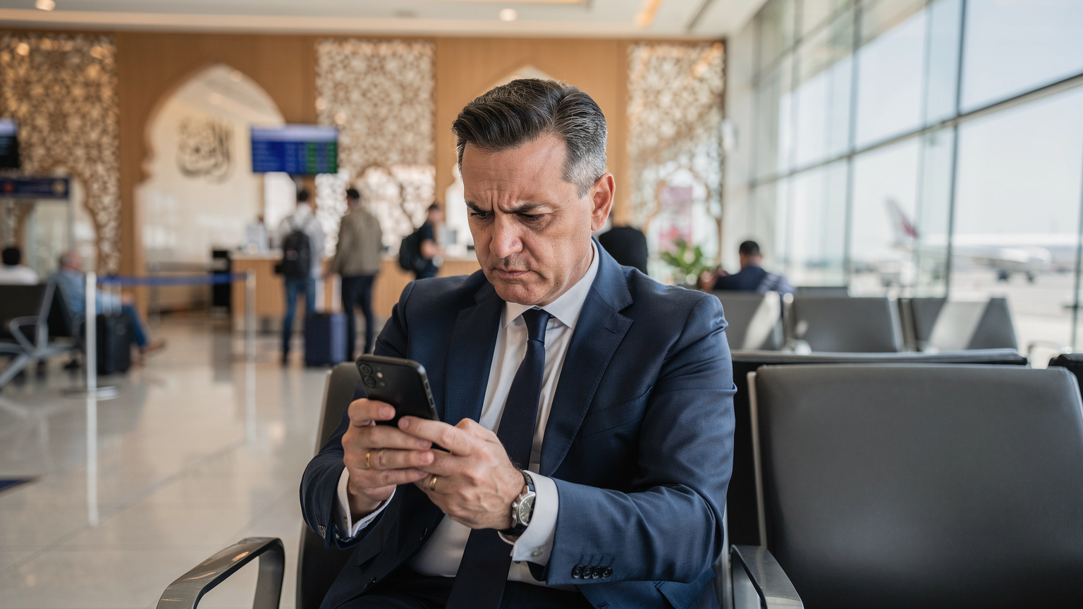 Un homme d'affaires français frustré tient son smartphone affichant un message d'erreur de réseau, dans un aéroport animé du Moyen-Orient, symbolisant les difficultés de connexion à l'étranger sans une bonne eSIM.