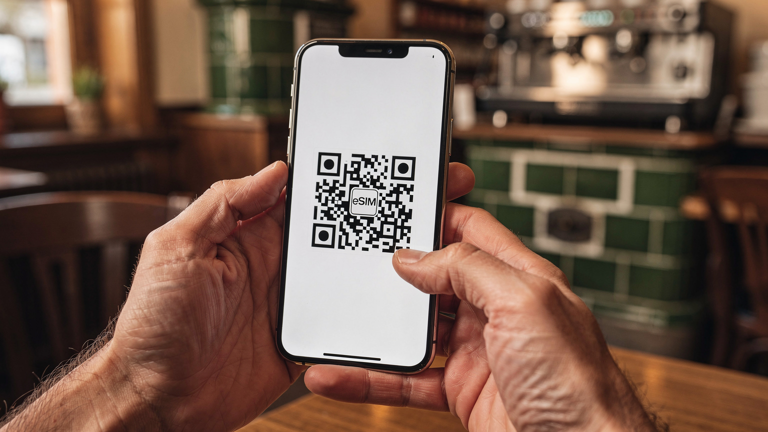 Nahaufnahme von Händen, die ein Smartphone halten, auf dem ein QR-Code für die eSIM-Aktivierung angezeigt wird, mit einem leicht unscharfen Hintergrund eines deutschen Cafés mit traditioneller Einrichtung.