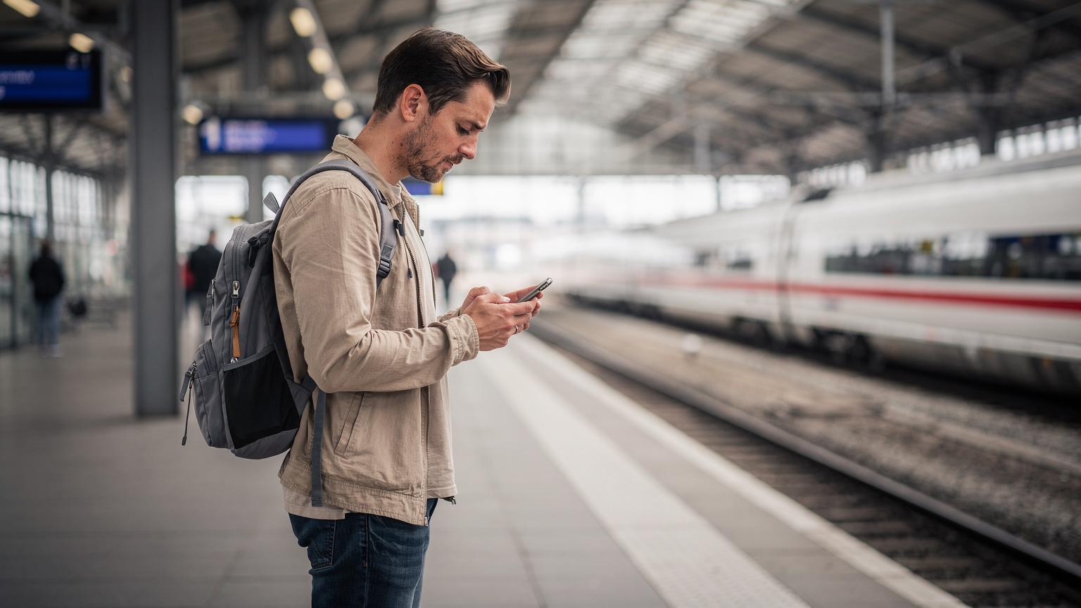 Ein Reisender am Münchner Hauptbahnhof, der seinen Smartphone-Bildschirm aufmerksam studiert, während im Hintergrund ein ICE einfährt.