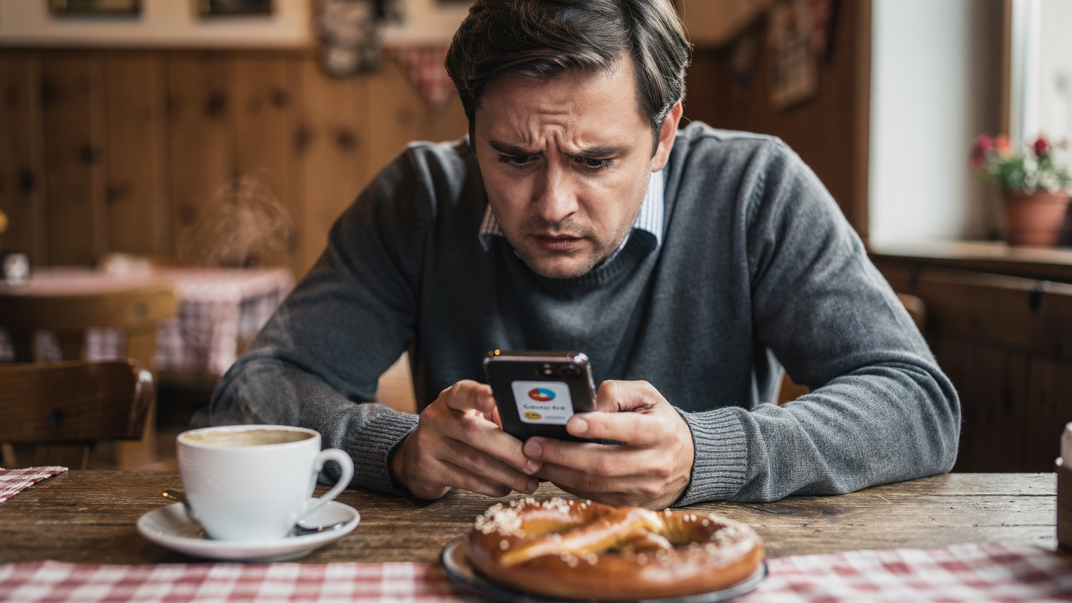 Eine Person sitzt in einem Café in München, blickt besorgt auf ihr Smartphone, das eine Fehlermeldung anzeigt, während eine dampfende Kaffeetasse daneben steht.