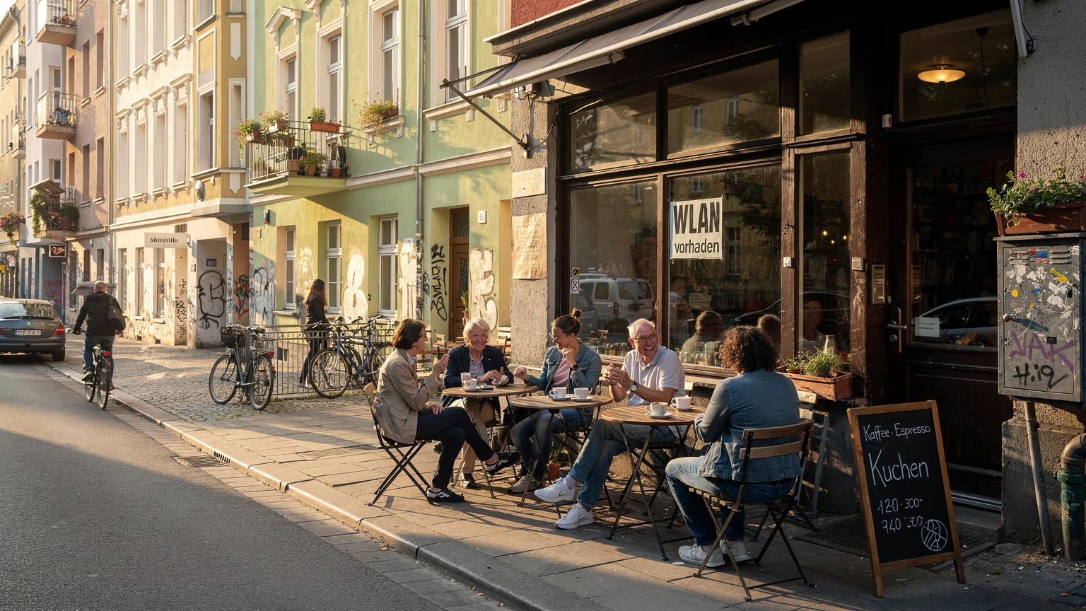 Eine belebte Straße in einem deutschen Stadtviertel, möglicherweise in Berlin-Kreuzberg, mit Menschen, die draußen an Cafétischen sitzen und ihren Kaffee genießen. Ein Schild mit der Aufschrift „WLAN vorhanden“ ist erkennbar.