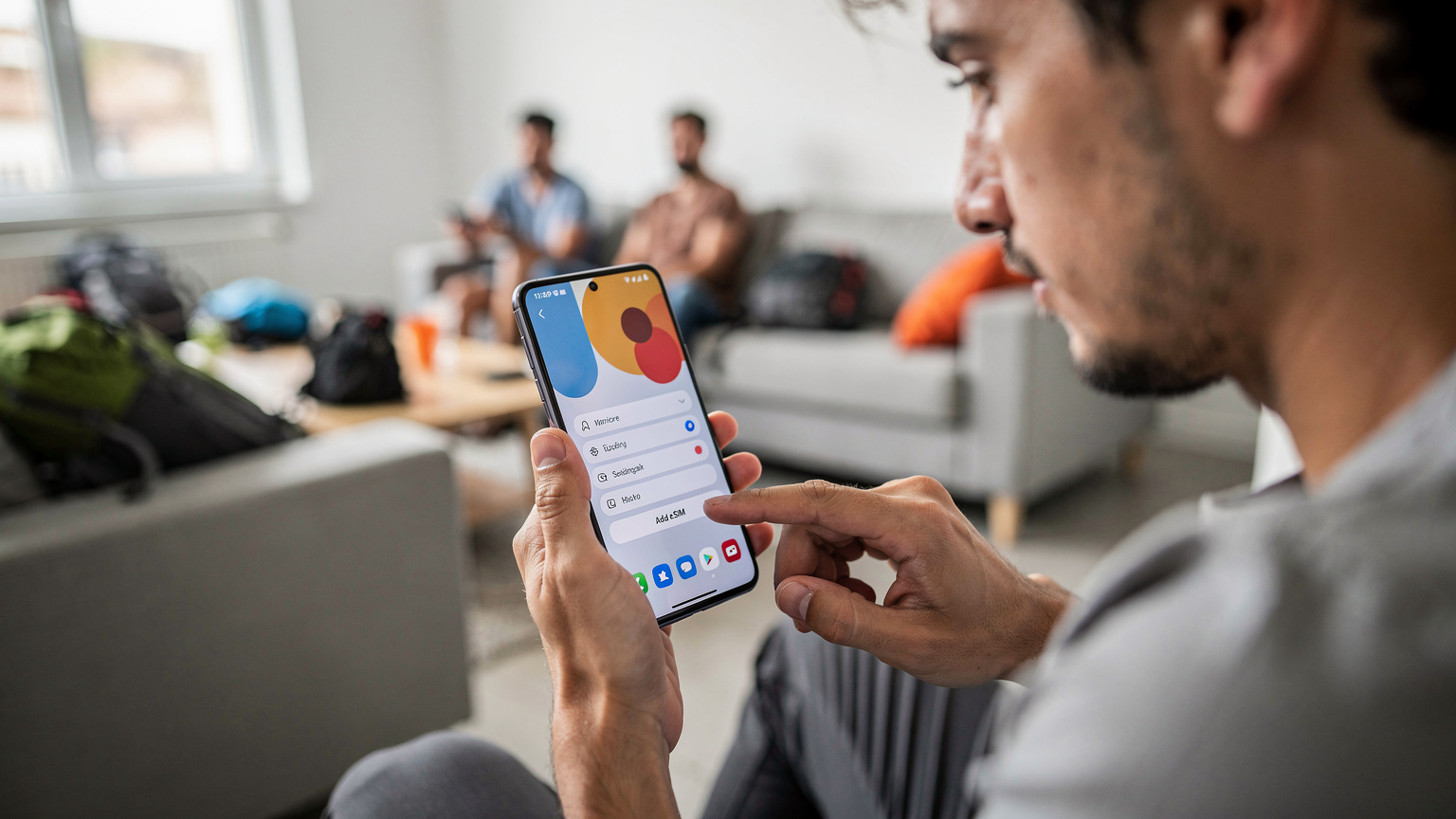 Bir sırt çantalı gezgin, elindeki telefonunun ekranındaki ayarlar menüsünde eSIM ekle seçeneğini kontrol ediyor.