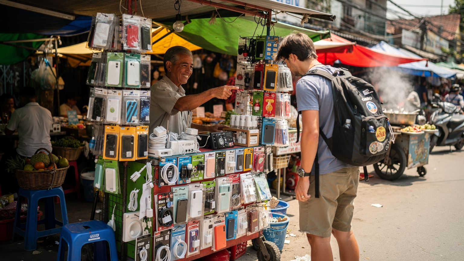 Asya'da hareketli bir sokak pazarında, yerel bir satıcı tezgahında fiziksel SIM kartları ve telefon aksesuarlarını sergiliyor. Bir gezgin yakından inceliyor.