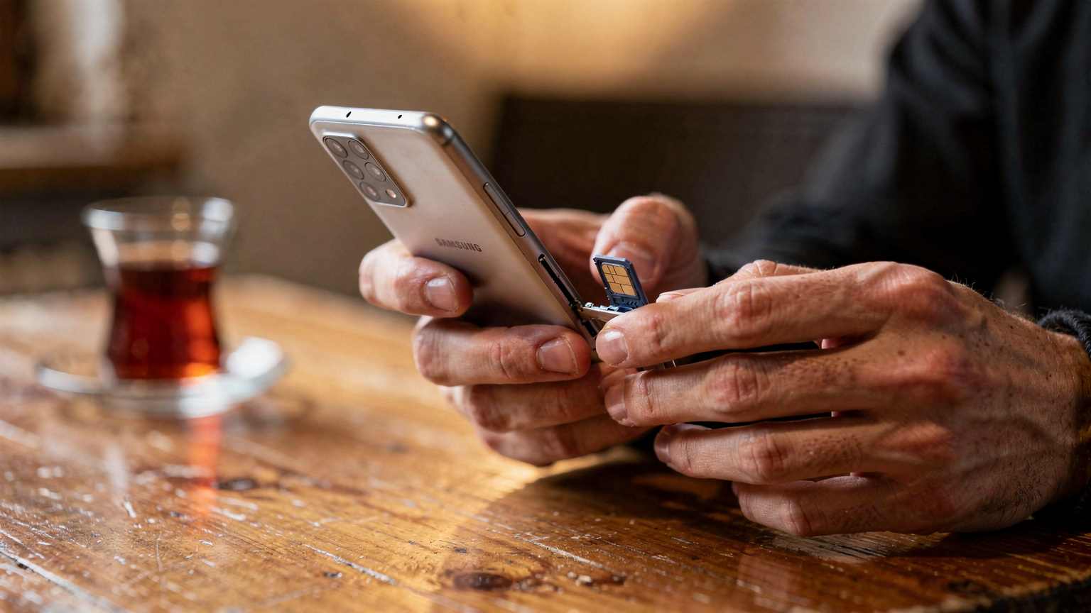 Bir sırt çantalı gezgin, elindeki fiziksel SIM kartı Samsung A36 telefonunun SIM tepsisine yerleştirirken dikkatlice bakıyor.