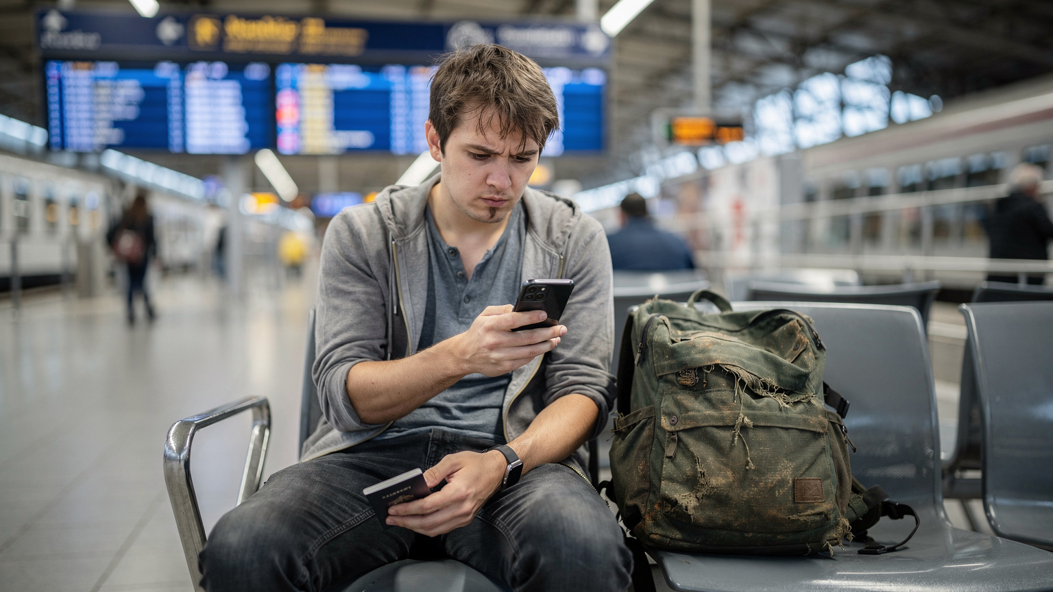 Avrupa'da bir tren istasyonunun bekleme salonunda, elinde pasaportu ve telefonu olan genç bir sırt çantalı gezgin, endişeli bir ifadeyle telefonunun ekranına bakıyor, internet bağlantısı sorununu çözmeye çalışıyor.