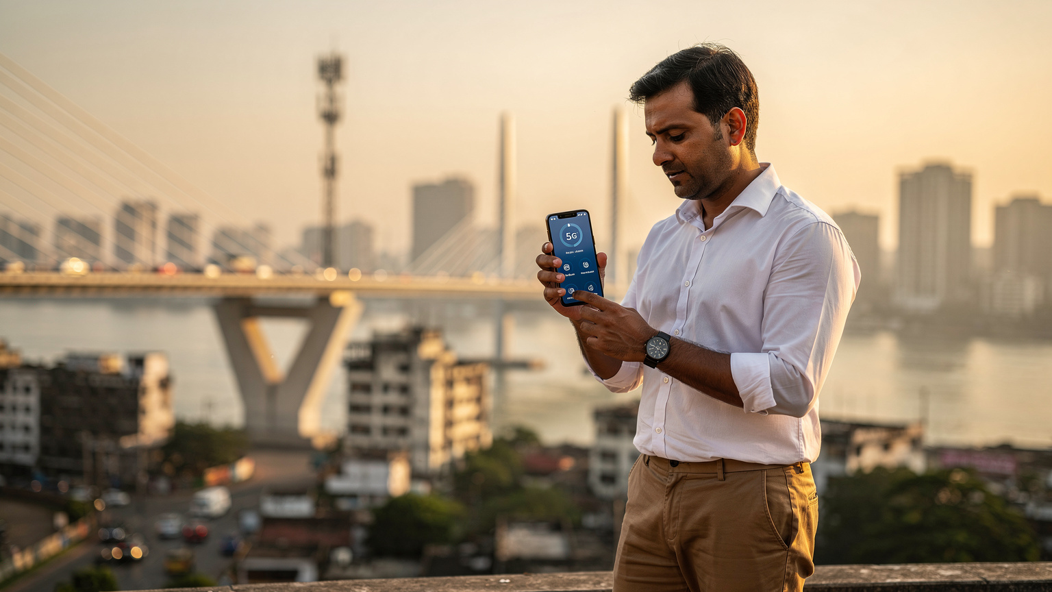 मुंबई के बांद्रा-वर्ली सी लिंक के पास एक आधुनिक 5G टॉवर के सामने एक व्यक्ति अपने स्मार्टफोन पर eSIM और 5G नेटवर्क की स्थिति की जांच कर रहा है।