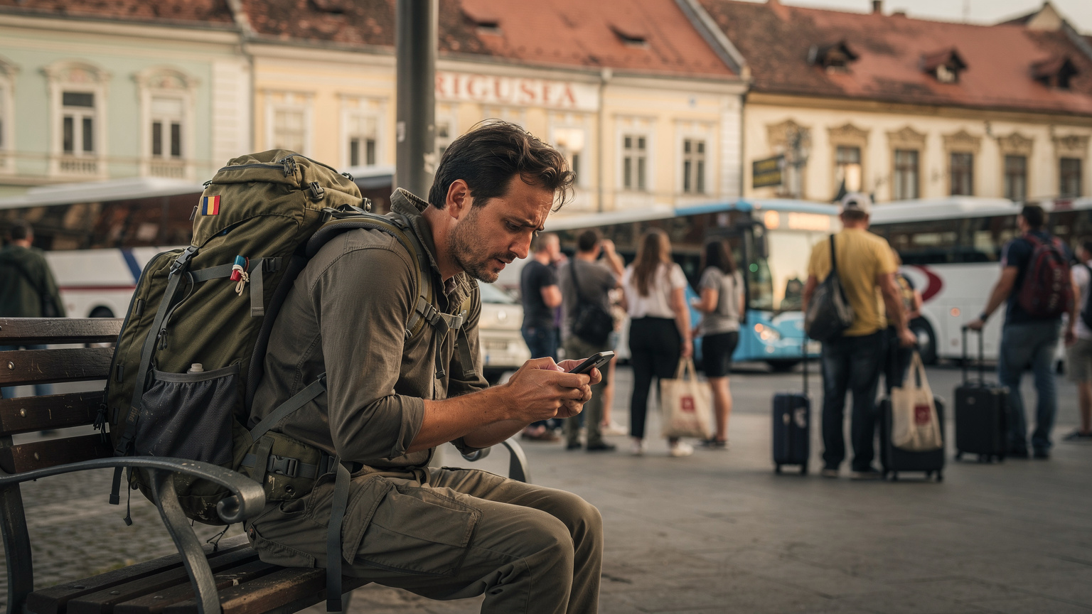 Un călător obosit verifică telefonul cu probleme de conectivitate la o stație de autobuz aglomerată din Cluj-Napoca.